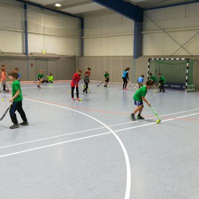 Jugendliche trainieren in einer Sporthalle mit Hockeyschl&auml;gern und B&auml;llen auf einem modernen Sportboden.