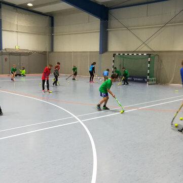 Jugendliche trainieren in einer Sporthalle mit Hockeyschl&auml;gern und B&auml;llen auf einem modernen Sportboden.