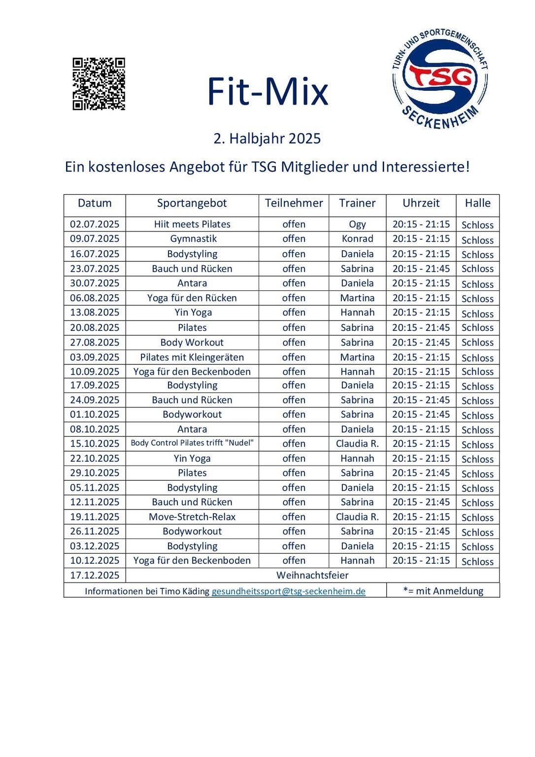 Tabelle mit Sportangeboten und Terminen f&uuml;r TSG Seckenheim im 2. Halbjahr 2025. Enth&auml;lt Kursdetails, Trainer, Uhrzeiten und Halle.