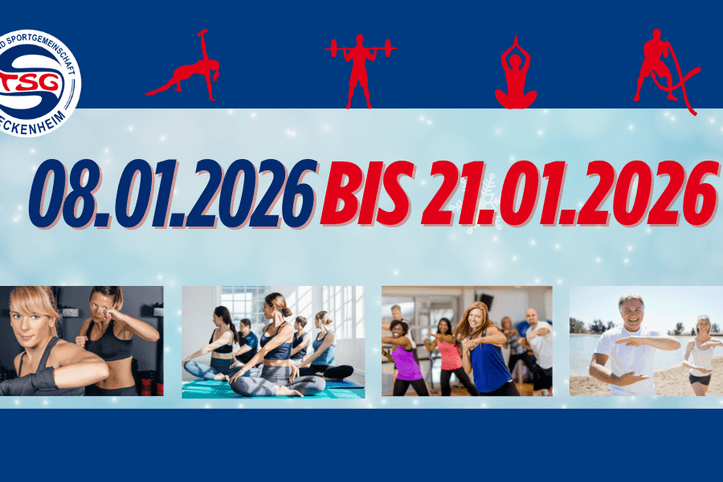 Plakat der TSG Seckenheim mit Ank&uuml;ndigung einer Sportveranstaltung vom 08. bis 21. Januar 2026, verschiedene Sportler abgebildet.