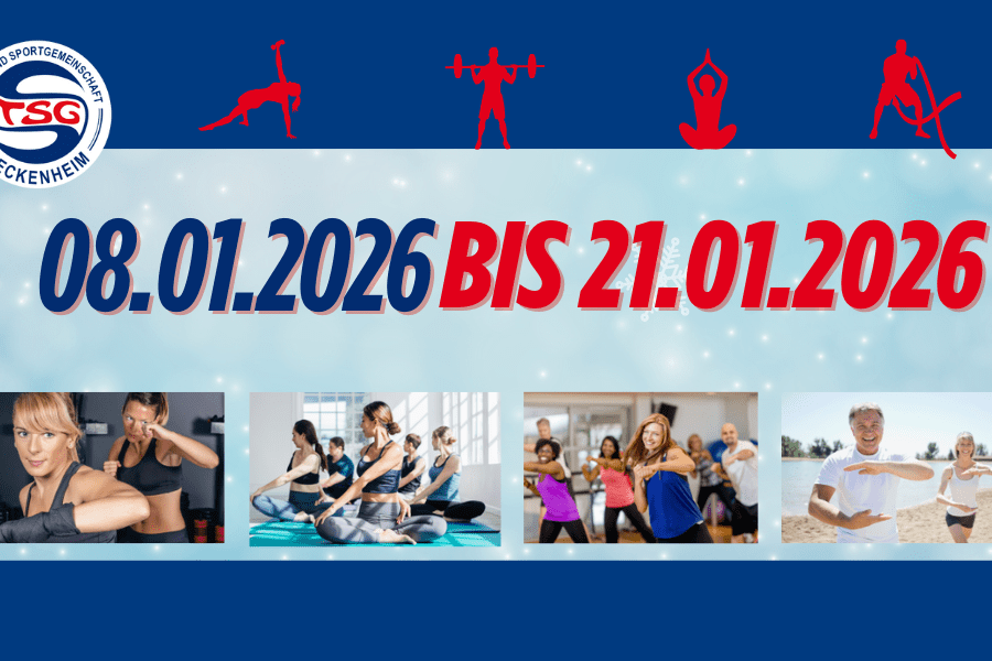 Plakat der TSG Seckenheim mit Ank&uuml;ndigung einer Sportveranstaltung vom 08. bis 21. Januar 2026, verschiedene Sportler abgebildet.