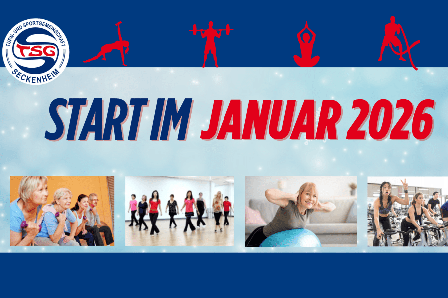 Grafik mit dem Text "START IM JANUAR 2026"; Fotos von sportlichen Aktivit&auml;ten und Frauen beim Training. TSG Seckenheim Logo.