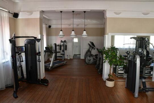 Moderne Fitnessgeräte in einem hellen Raum mit Holzfußboden und Pflanzen im Hintergrund.