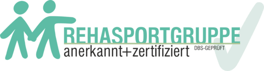 Logo der Rehasportgruppe mit stilisierten Figuren, Text: "Rehasportgruppe anerkannt + zertifiziert DBS-gepr&uuml;ft".