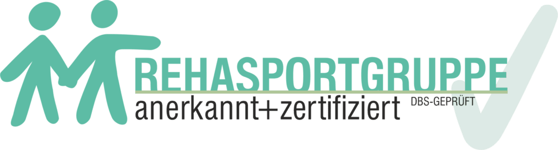 Logo der Rehasportgruppe mit stilisierten Figuren, Text: "Rehasportgruppe anerkannt + zertifiziert DBS-gepr&uuml;ft".