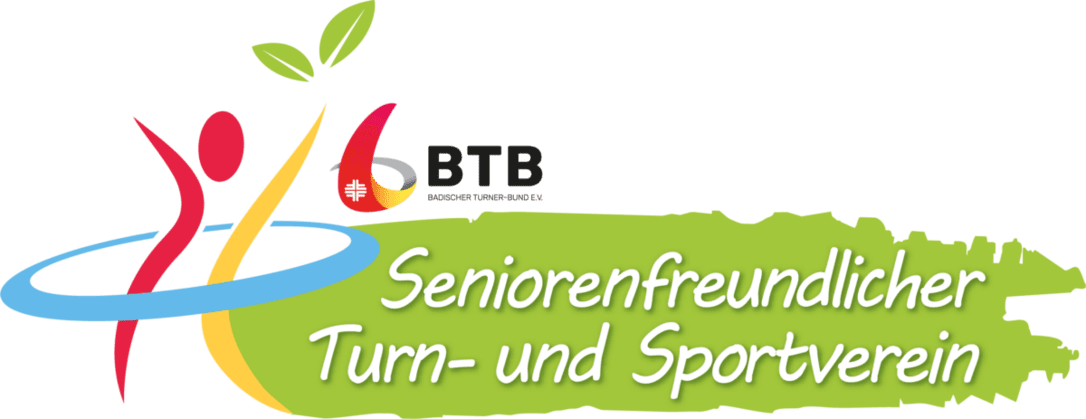 Logo des seniorenfreundlichen Turn- und Sportvereins mit stilisierten Figuren, Bl&auml;ttern und Schriftzug auf gr&uuml;nem Hintergrund.