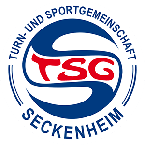 Logo der TSG Seckenheim mit geschwungenen Formen in Blau, Weiß und Rot, umgeben von einem Rundschriftzug.