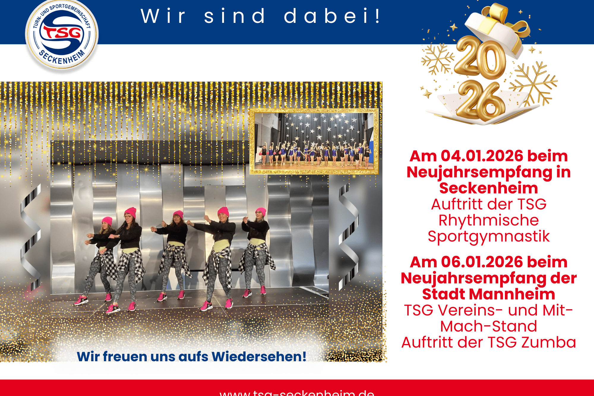 TSG Zumba-Team tanzt auf einer festlich dekorierten B&uuml;hne w&auml;hrend des Neujahrsempfangs. Einladungstext am oberen Rand.