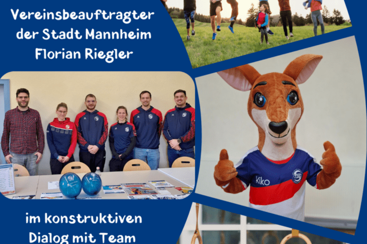 Collage mit Personen in Sportkleidung, einem Maskottchen und sportlichen Aktivit&auml;ten, beschriftet mit TSG Seckenheim und Daten.