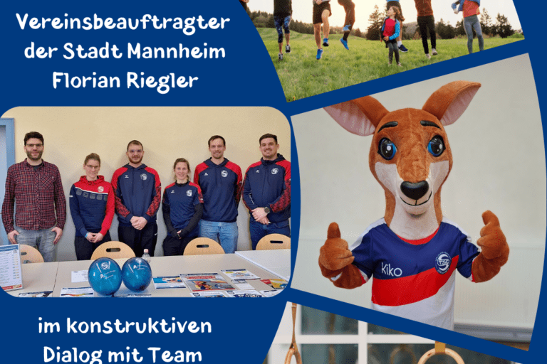Collage mit Personen in Sportkleidung, einem Maskottchen und sportlichen Aktivitäten, beschriftet mit TSG Seckenheim und Daten.
