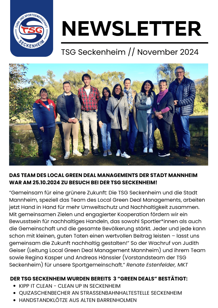 Gruppe von zehn Personen in Freizeitkleidung vor einer gr&uuml;nen Landschaft, pr&auml;sentiert in einem Newsletter der TSG Seckenheim.