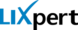 Logo der Firma LIX mit stilisiertem H&auml;kchen in Blau auf wei&szlig;em Hintergrund.