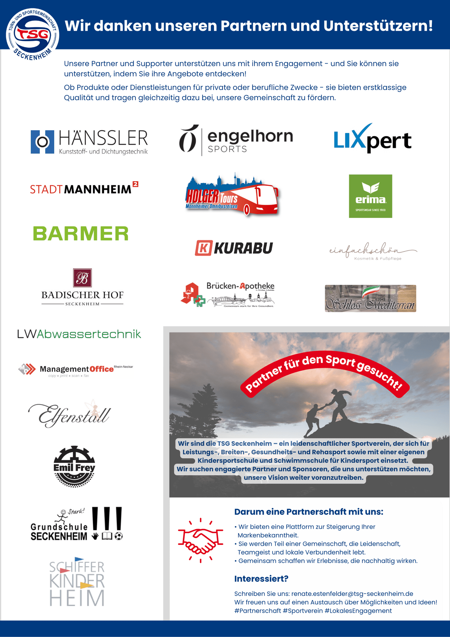 Logo-Sammlung der Partner und Unterstützer der TSG Seckenheim, darunter Unternehmen und Institutionen aus verschiedenen Bereichen.