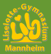 Logo des Liselotte-Gymnasiums Mannheim mit gelbem Schriftzug und stilisiertem Herz.