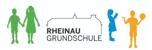 Silhouette von Kindern in gr&uuml;ner und blauer Farbe, um das Logo der Rheinauschule. Ein Kind h&auml;lt einen Ball.