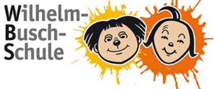 Logo der Wilhelm-Busch-Schule mit zwei Cartoons von Kindern vor bunten Spritzern in Gelb und Orange.