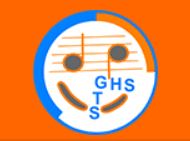 Logo mit stilisierten Musiknoten und der Aufschrift "GHS" auf orangefarbenem Hintergrund.