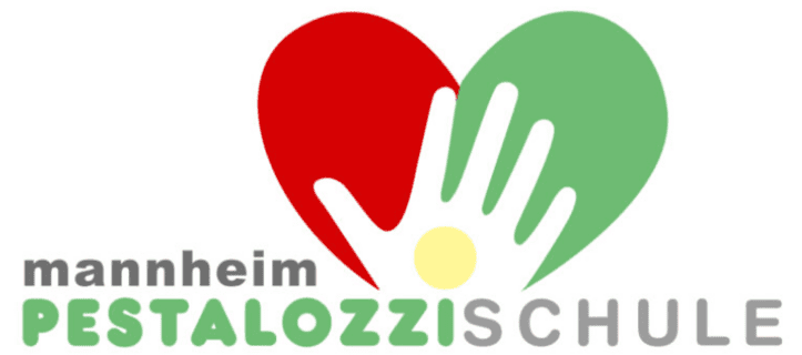 Logo der Pestalozzi-Schule Mannheim mit einem roten Herz, einer grünen Hand und gelbem Punkt im Design.