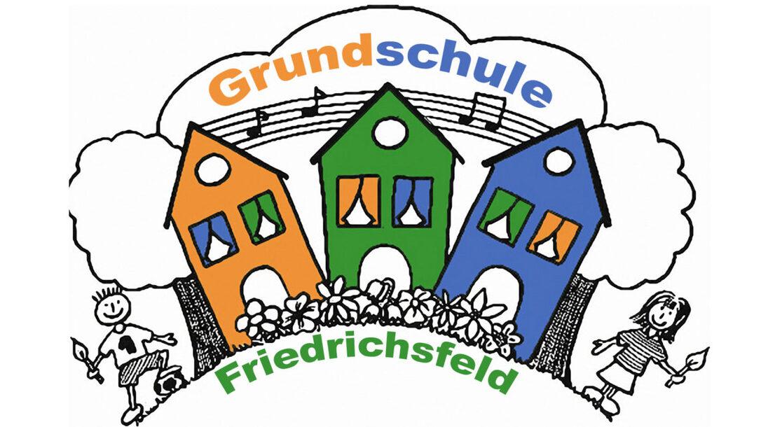 Logo der Grundschule Friedrichsfeld mit drei bunten H&auml;usern, Wolken und spielenden Kindern.