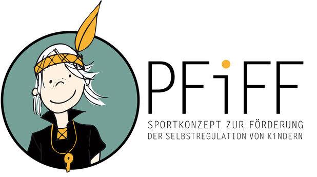 Illustration eines jungen M&auml;dchens mit Feder im Haar, umgeben von einem Kreis mit dem Text: "PFiFF - Sportkonzept zur F&ouml;rderung der Selbstregulation von Kindern."