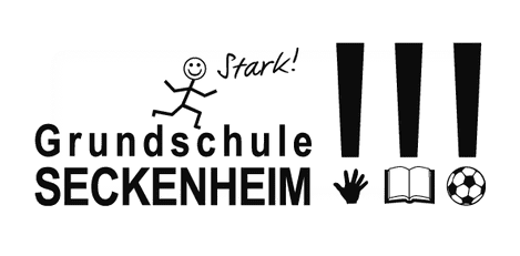 Logo der Grundschule Seckenheim mit den Worten „Stark!“ und Symbolen für Bewegung, Lernen und Sport.