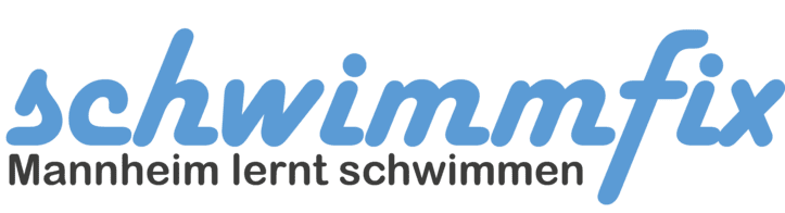 Logo von Schwimmfix mit dem Schriftzug &bdquo;Mannheim lernt schwimmen&ldquo; in Blau und Schwarz.