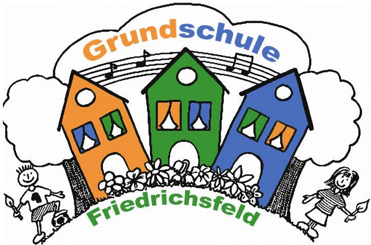 Logo der Grundschule Friedrichsfeld mit drei bunten Häusern, Wolken und spielenden Kindern.