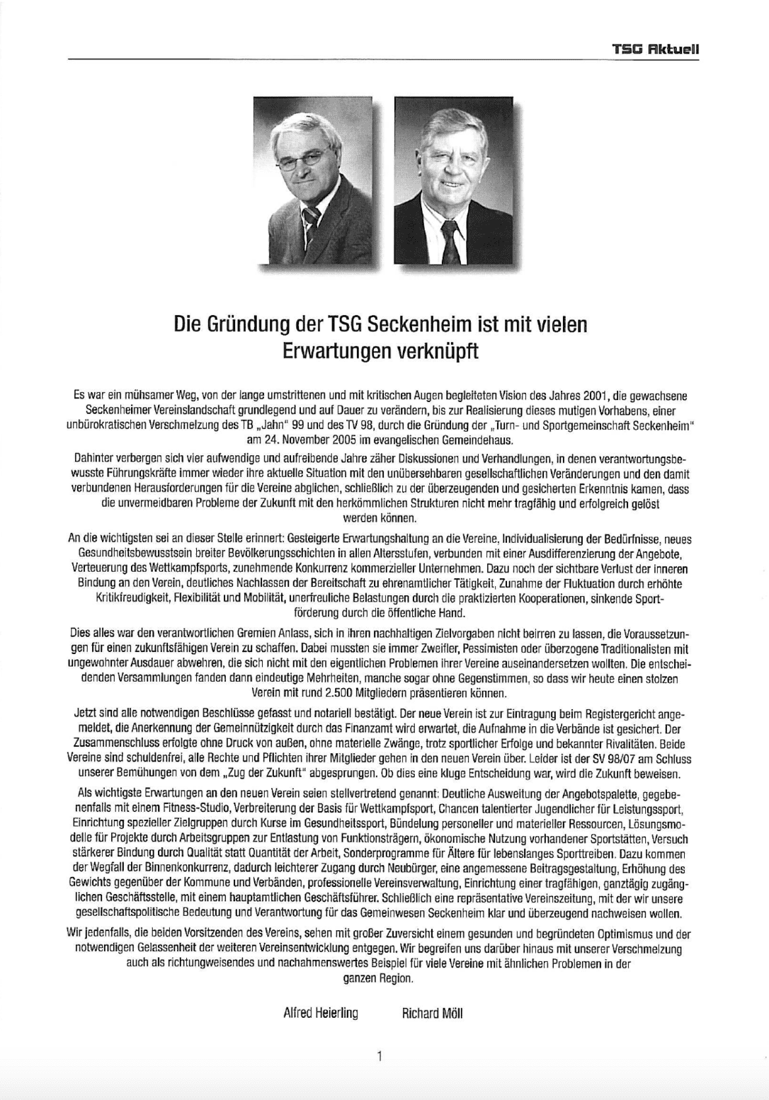 Dokument mit zwei Portraitfotos von Alfred Heierling und Richard M&ouml;ll sowie Informationen zur Gr&uuml;ndung der TSG Seckenheim.