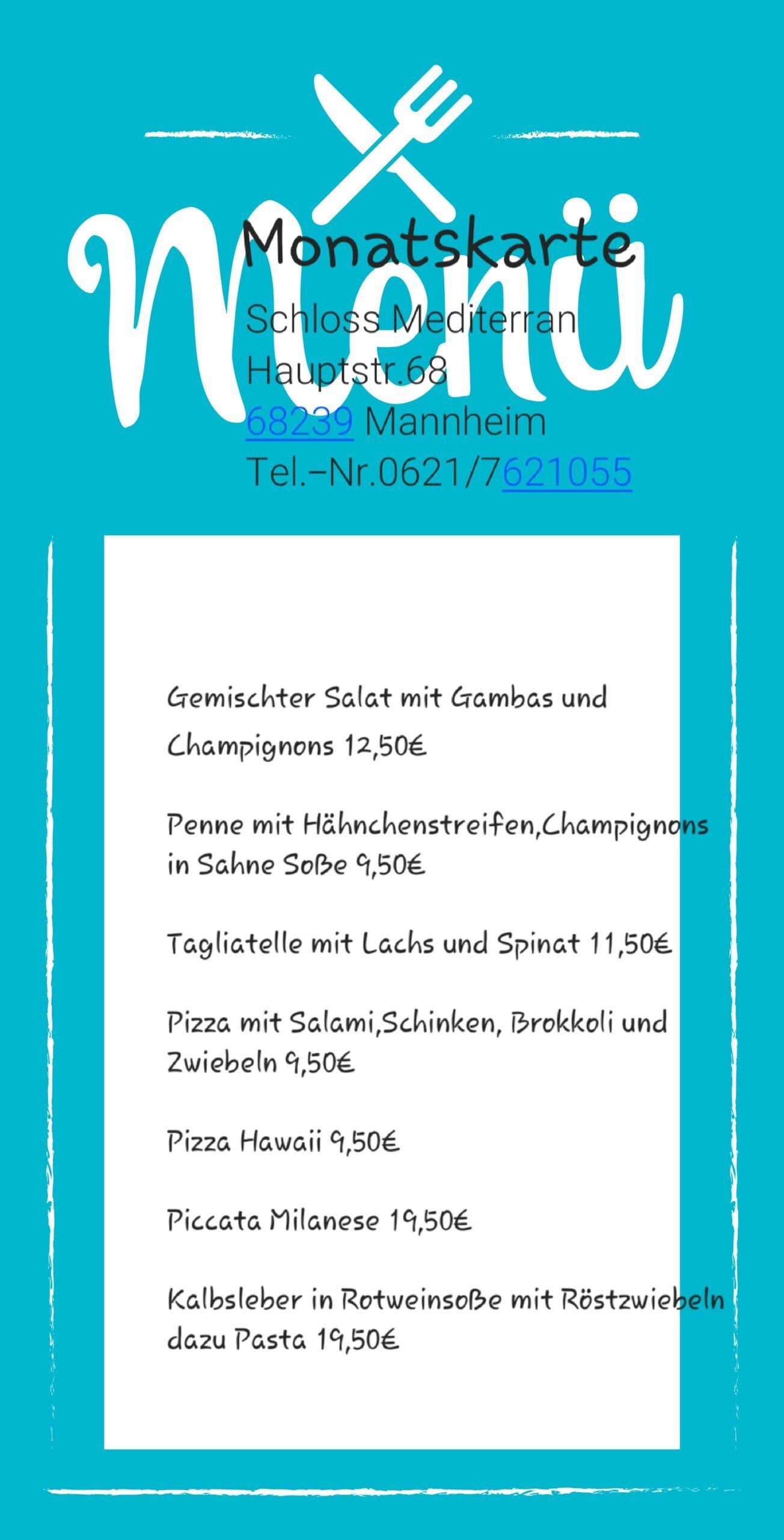 Monatskarte mit Gerichten und Preisen auf türkisfarbenem Hintergrund eines Restaurants in Mannheim.