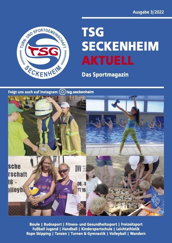 Cover des Sportmagazins "TSG Seckenheim Aktuell" mit verschiedenen Sportaktivit&auml;ten und Vereinsmitgliedern in quadratischen Bildern.