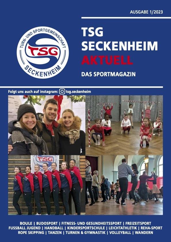 Cover des Sportmagazins &bdquo;TSG Seckenheim aktuell&ldquo; mit Bildern von Mitgliedern und Aktivit&auml;ten der Sportgemeinschaft.