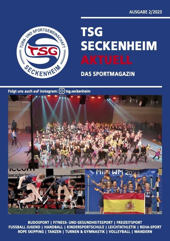 Sportmagazin der TSG Seckenheim mit Bildern von verschiedenen Sportaktivit&auml;ten in einem bunten Layout sowie Logo und Titel.