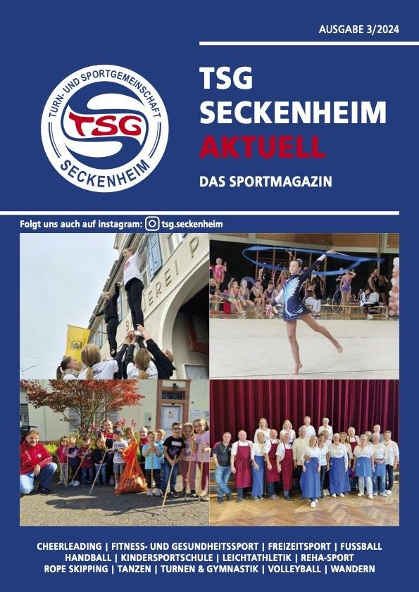 Titelbild des Sportmagazins TSG Seckenheim mit vier Bildern von verschiedenen Sportaktivit&auml;ten und Gruppen.