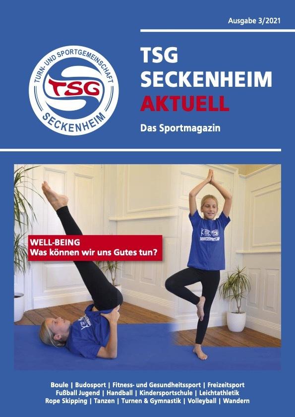 Cover des Sportmagazins "TSG Seckenheim aktuell" mit Kindern in Yoga-Posen und &Uuml;berschrift zu Wohlbefinden.
