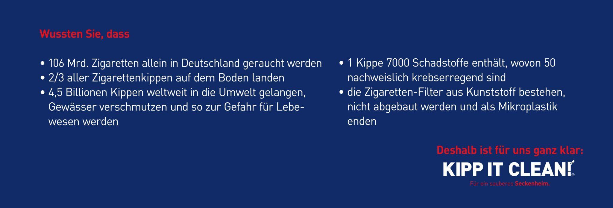 Info-Grafik zu Zigarettenabf&auml;llen mit Fakten &uuml;ber Umweltverschmutzung und Aufruf zur Aktion &bdquo;KIPP IT CLEAN!&ldquo; f&uuml;r ein sauberes Seckenheim.